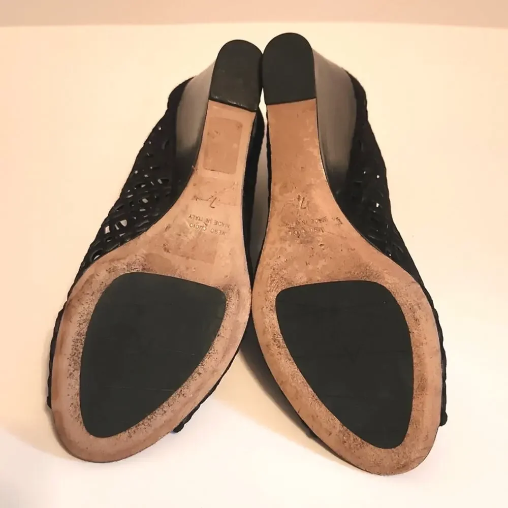 Aquatalia Shelly Sandal Black Suede Laser Cut Back‎ Zipper Wedge Open Toe Size 7
